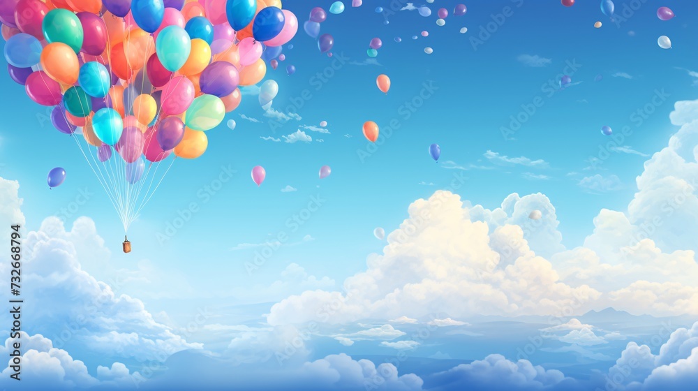 Balloons floating in the sky paint a whimsical tableau, their vibrant colors contrasting against the azure backdrop of the heavens. With each gentle breeze, they sway and dance, adding playfulness .