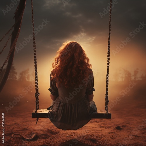 The back view young woman sitting on a swing captures a serene moment contemplation and freedom. As she gently sways back and forth, her silhouette against the sky evokes a sense tranquility and grace photo