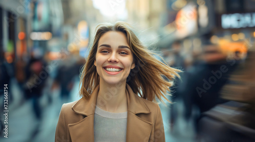 Beautiful young woman standing on the city street, smiling and looking at the camera. Youthful female pretty and gorgeous model. Attractive girl with brunette hair, positive face expression