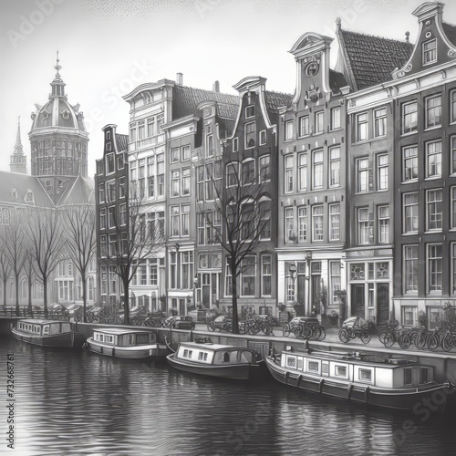 Drawing of Amsterdam canal in black and white