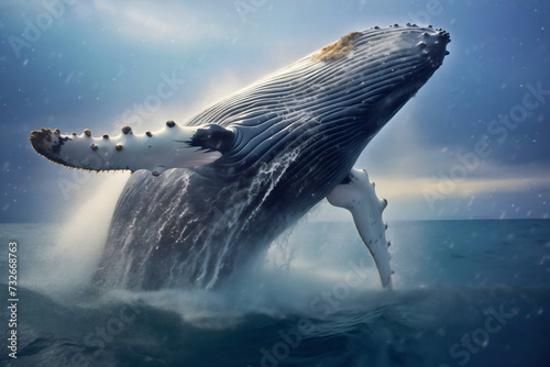 Painting of a giant humpback whale animal jumping out of the sea body of water, splashing the water into air, large ocean creature from the deep © Nemanja