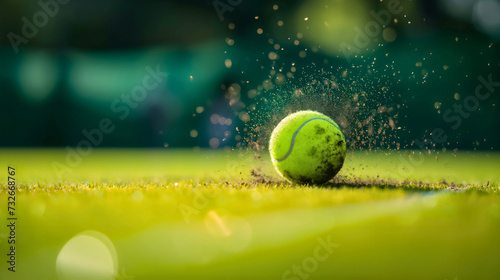 Closeup of a green or yellow tennis sport ball in sphere or circle shape hitting the grass court and splashing the dirt or soil texture into air. Outdoors tournament match activity of professionals © Nemanja
