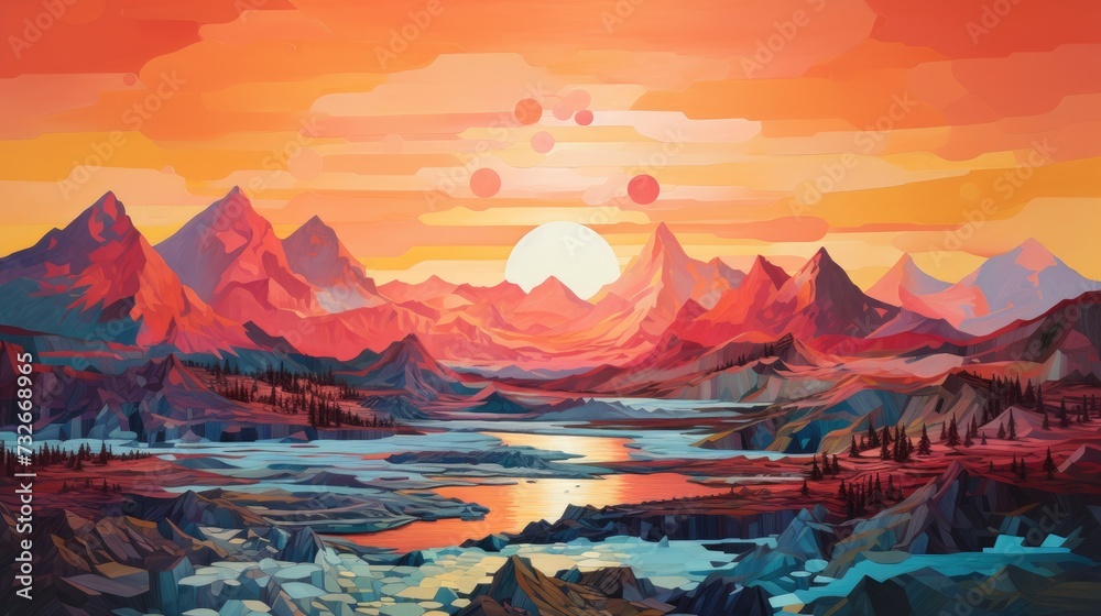a painting of a mountain evening setting in the distance and a red and blue sky in the background 