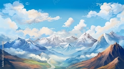The painting depicts a breathtaking mountain view, with rugged peaks reaching towards the sky and valleys stretching into the distance. Each brushstroke captures the dynamic interplay light and shadow
