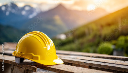 Yellow hardhat rests on construction site ground, symbolizing safety and readiness for work photo