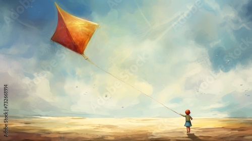 In the drawing,a child joyfully plays with a kite, their face alive with excitement as they watch it soar into the sky. With deft strokes of the pencil,the artist captures the carefree spirit of youth photo