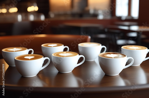 Several cups of fragrant cappuccino are on the table in the cafe near the coffee machine in close-up