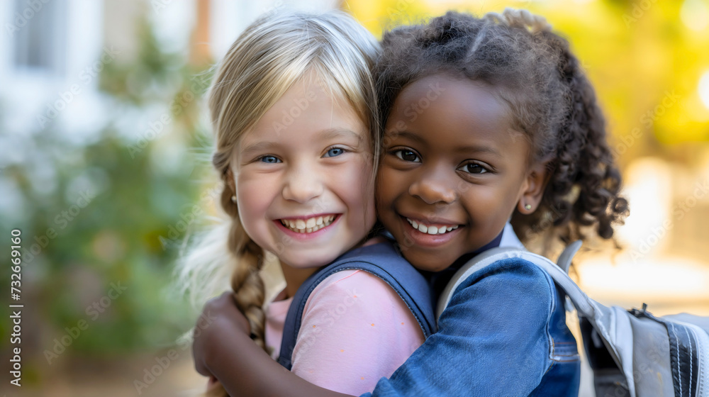 Close up of a two beautiful little schoolgirls, wearing backpacks and hugging. One is Caucasian, the other one is African American. Multiracial friendship, cultural diversity, smiling at the camera Close up of a two beautiful little schoolgirls, wearing backpacks and hugging. One is Caucasian, the other one is African American. Multiracial friendship, cultural diversity, smiling at the camera