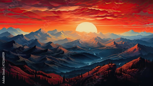 a painting of a mountain evening setting in the distance and a red and blue sky in the background  © Ilmi