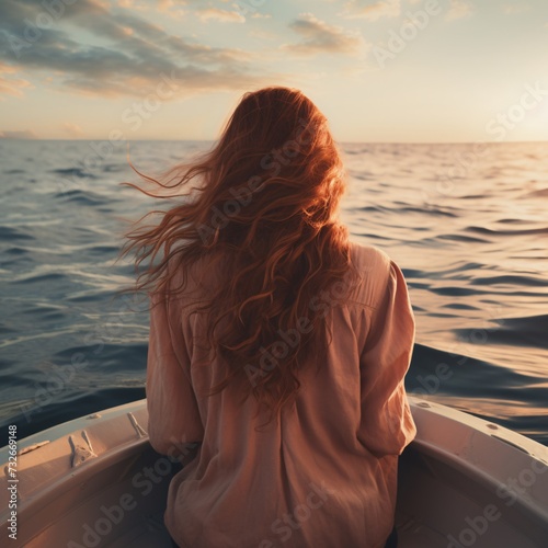 In a serene scene, the rear view captures a young woman seated on a boat, her gaze lost in the tranquil expanse of water stretching out before her. With the gentle sway of the vessel beneath her, © peerapong