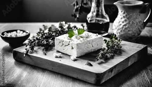 a black and white masterpiece captures the rustic charm of a cutting board adorned with feta cheese and fresh herbs  highlighting texture and contrast