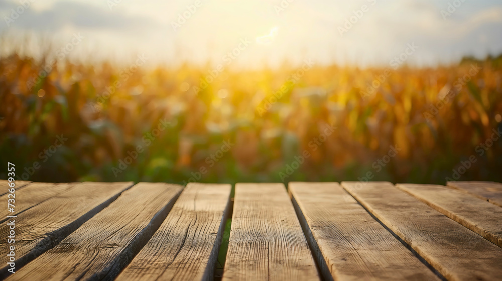 Focus on the wooden table close up. Green plant maize, agriculture farming land growth, harvest season, cob leaves horizon blurred in the background and daytime sky 