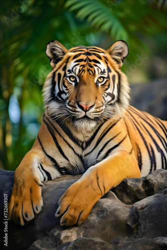 Closeup portrait of a wild Bengal tiger staring at the camera, resting on a rock in the jungle wilderness, zoo tiger animal