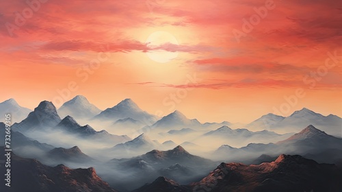 a painting of a mountain evening setting in the distance and a red and blue sky in the background 