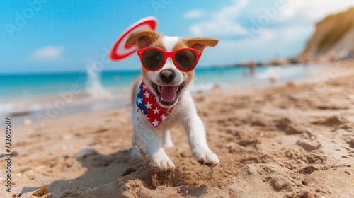 Playful Puppy Chasing Frisbee at Beach with Patriotic Accessories
