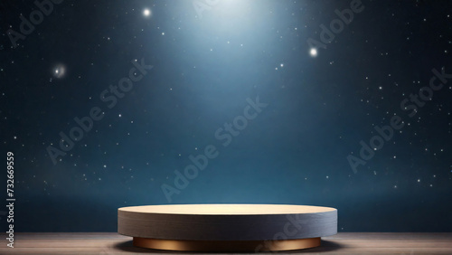 golden podium or pedestal for product presentation, night starry background, 3d render