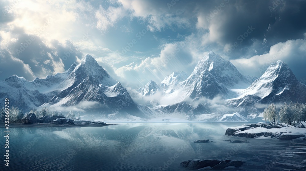 a snowy mountain range with a lake surrounded by snow covered mountains in the foreground and a cloudy sky in the background. Wallpaper, Travel banner a snowy mountain range with a lake surrounded by snow covered mountains in the foreground and a cloudy sky in the background. Wallpaper, Travel banner