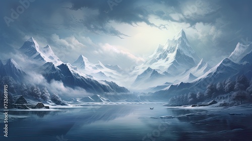 a snowy mountain range with a lake surrounded by snow covered mountains in the foreground and a cloudy sky in the background. Wallpaper, Travel banner © Ilmi
