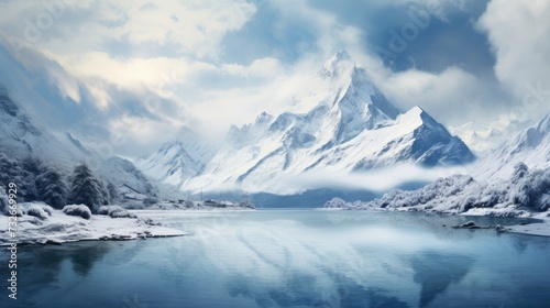 a snowy mountain range with a lake surrounded by snow covered mountains in the foreground and a cloudy sky in the background. Wallpaper  Travel banner
