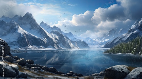 a snowy mountain range with a lake surrounded by snow covered mountains in the foreground and a cloudy sky in the background. Wallpaper, Travel banner