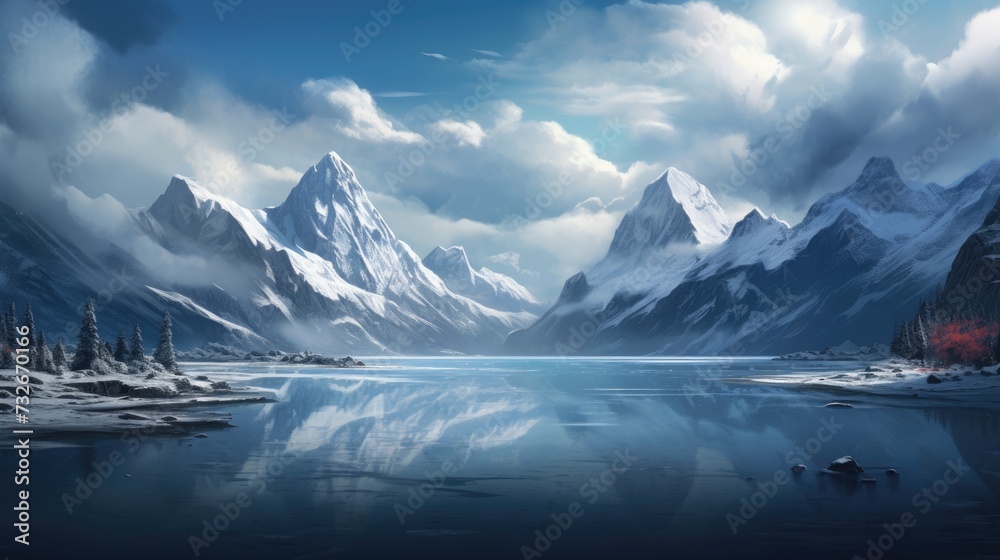 a snowy mountain range with a lake surrounded by snow covered mountains in the foreground and a cloudy sky in the background. Wallpaper, Travel banner a snowy mountain range with a lake surrounded by snow covered mountains in the foreground and a cloudy sky in the background. Wallpaper, Travel banner