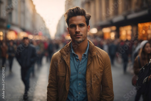 Young handsome man millenial portrait, successful businessman, entrepreneur in casual clothes on the city streeet among blured crowd with copyspace. photo