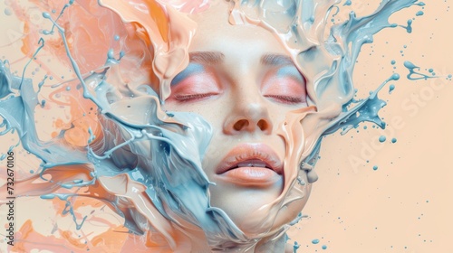 Face of a young woman in pastel colors paint splashes. Splashes of colored liquid around a female's head on beige background