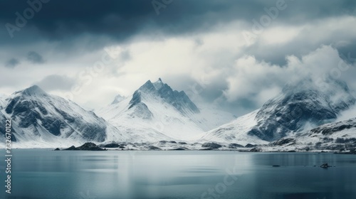 a snowy mountain range with a lake surrounded by snow covered mountains in the foreground and a cloudy sky in the background. Wallpaper, Travel banner © Ilmi