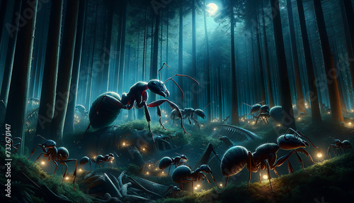 Fototapeta Naklejka Na Ścianę i Meble -  A mystical forest scene at night with oversized ants, illuminated by glowing orbs, creating an enchanting ambiance beneath towering, fog-enshrouded trees and a moonlit sky.AI generated.
