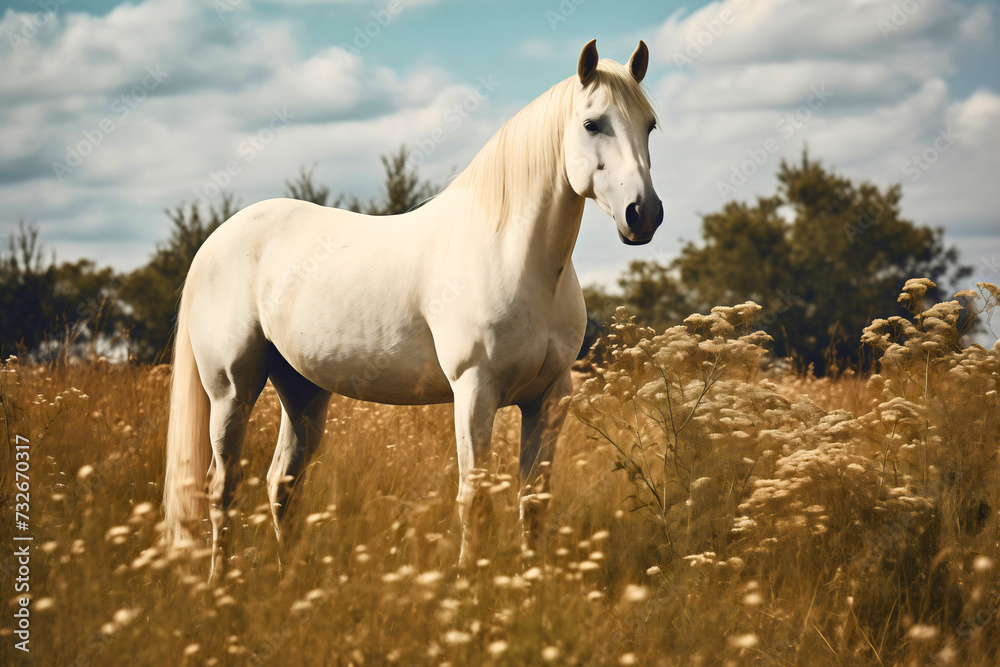 Portrait photography of a beautiful white or gray horse animal standing in the flower field Portrait photography of a beautiful white or gray horse animal standing in the flower field