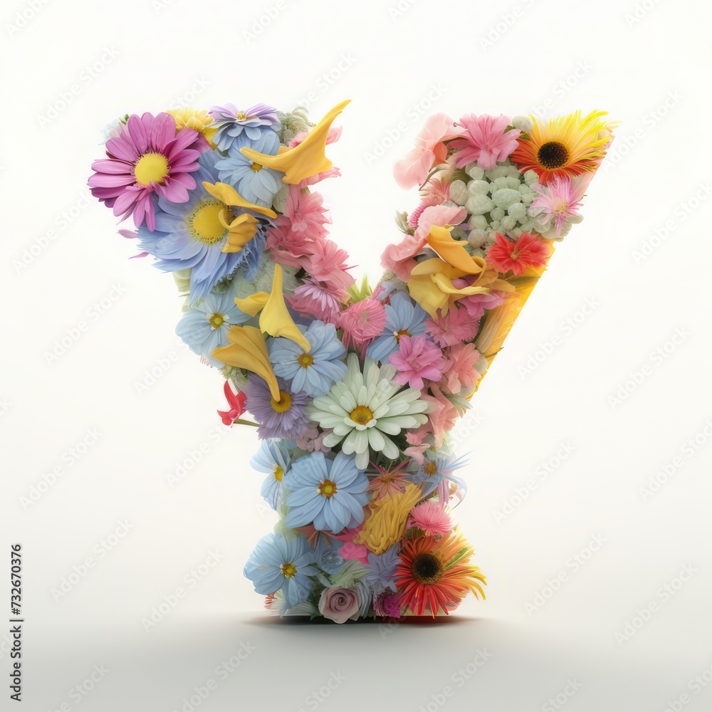 Letter Y made of colorful flowers on a white background. 