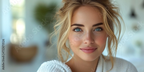 The close-up portrait captures the beauty of a young woman with radiant skin, glossy lips and sparkling eyes.