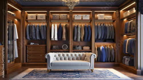 Luxurious white sofa in a room full of men's suit jackets hanging on the wooden clothes hanger in the wardrobe closet. Formal business wear, fashionable and classic male apparel collection photo