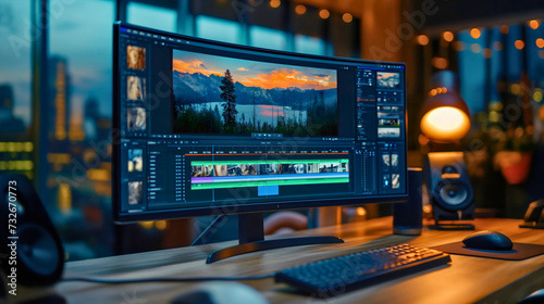 Video editing software or program opened on a wide pc computer monitor screen display placed along the keyboard and speakers on a wooden table or desk in a home room or office interior, nighttime © Nemanja