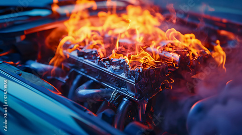 Smoke and flame of fire under the open hood of car with strong V8 engine, damaged car engine, transportation problem, emergency diagnostics, broke cylinder underneath photo