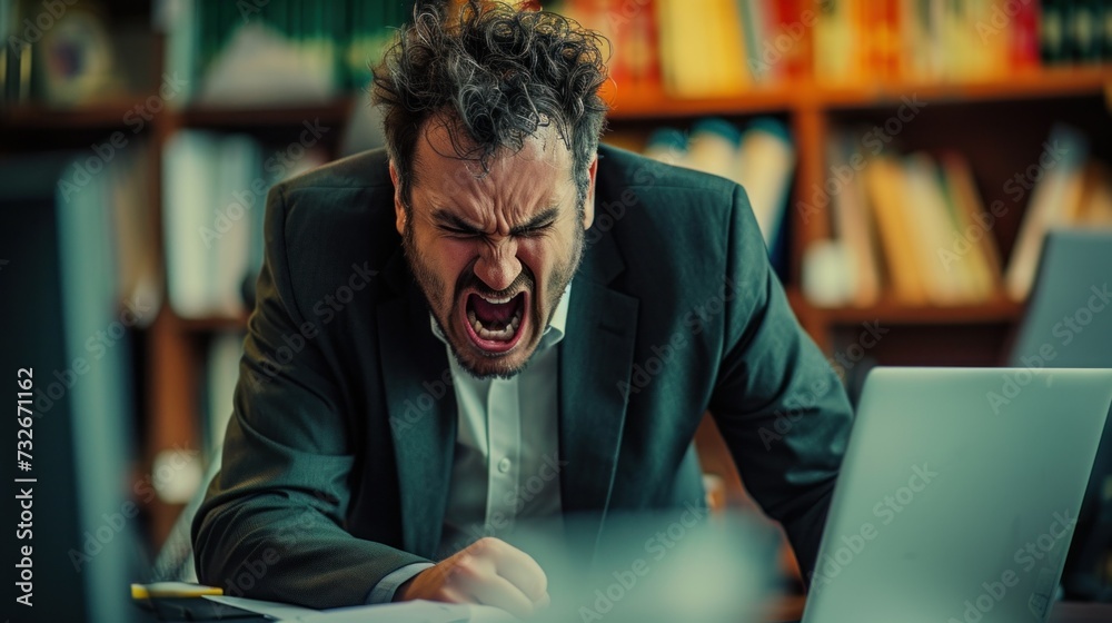 Mad male worker lose temper scream loudly having computer problems or virus attack, furious man shout experience laptop breakdown or data loss while working Mad male worker lose temper scream loudly having computer problems or virus attack, furious man shout experience laptop breakdown or data loss while working
