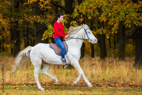 A pretty young woman and a white horse in the forest © michal