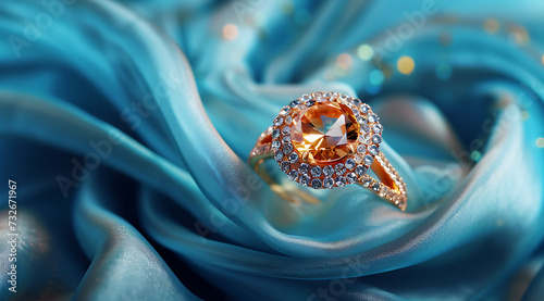 wedding engagement ring surrounded by blue satin fabr photo