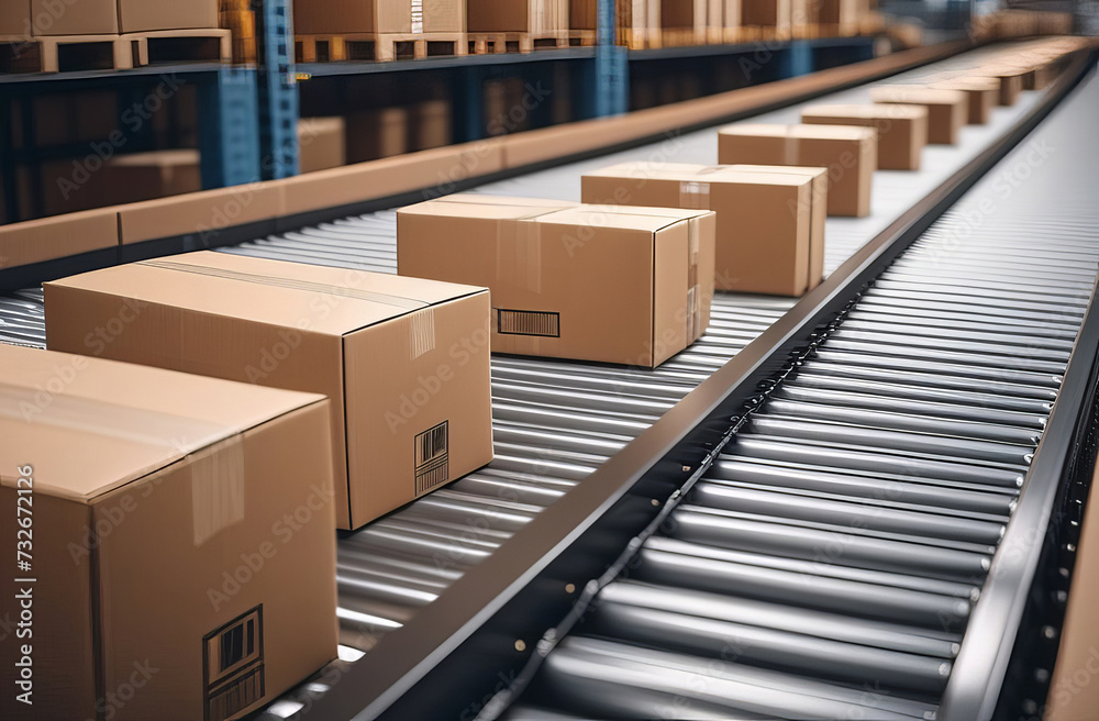 Cardboard boxes on conveyor belt in distribution warehouse. Paper products and goods storehouse with boxes Cardboard boxes on conveyor belt in distribution warehouse. Paper products and goods storehouse with boxes