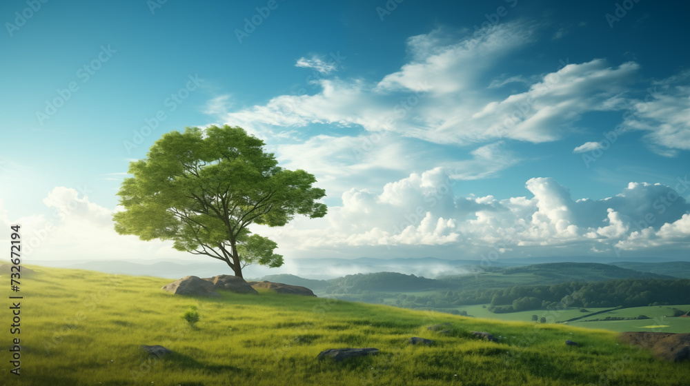 Solitary Tree atop Rolling Hill in Summer Landscape