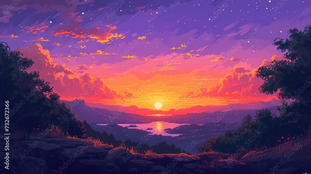 As the sun sets, pixelated hues of orange and purple paint the horizon, casting a warm glow over the entire beaty scene