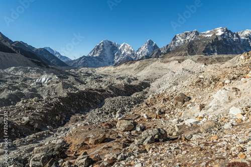 View of Taboche and Thamserku mountains and Khumbu Glacier from Everest Base Camp during EBC or Three Passes trekking in Khumjung, Nepal. Highest mountains in the world.
