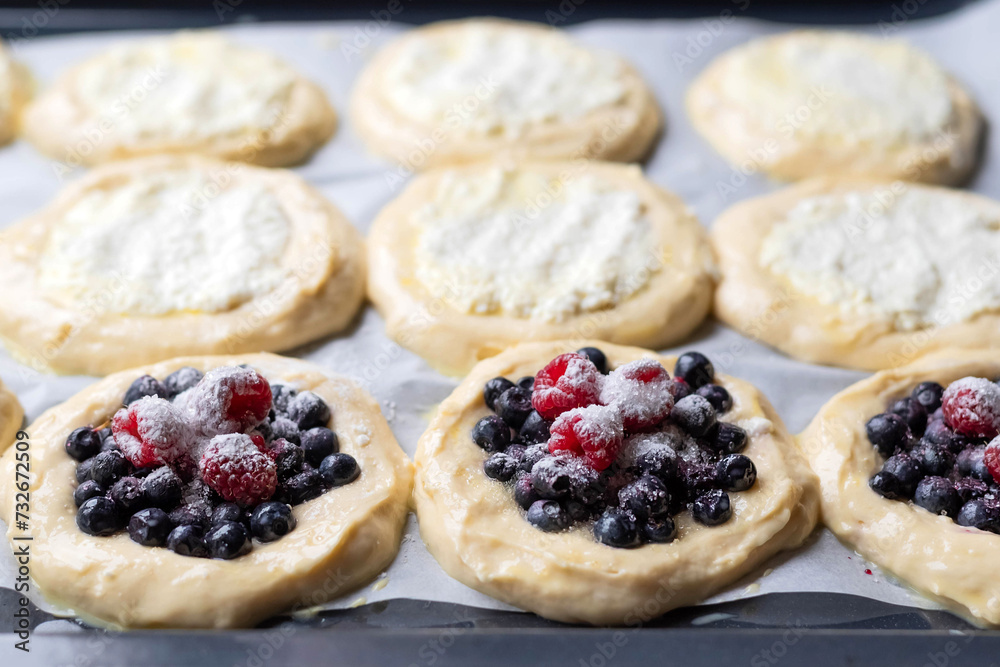 Blurred image of preparing pies with berries and cottage cheese. Home baking concept. Blurred image of preparing pies with berries and cottage cheese. Home baking concept.