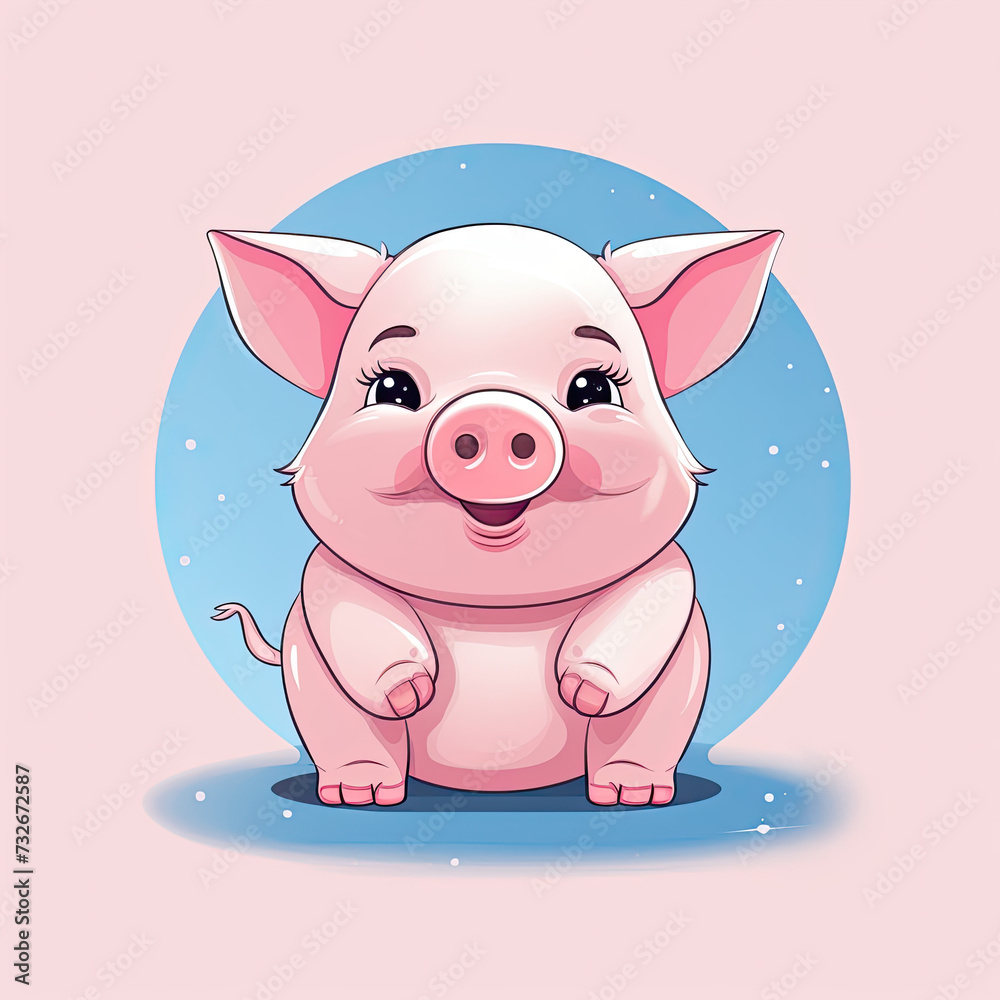 Cute flat logo of Vector sitting pig illustration with blue and pink background Cute flat logo of Vector sitting pig illustration with blue and pink background