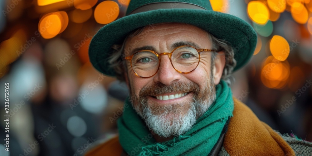 A happy and attractive mature man with glasses and a green accessory celebrates St. Patrick's Day. A happy and attractive mature man with glasses and a green accessory celebrates St. Patrick's Day.