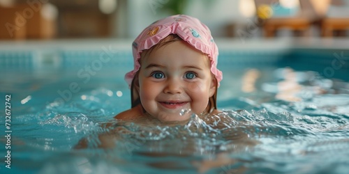 A smiling baby girl in a swim hat enjoys playful moments in a resort pool. © Iryna