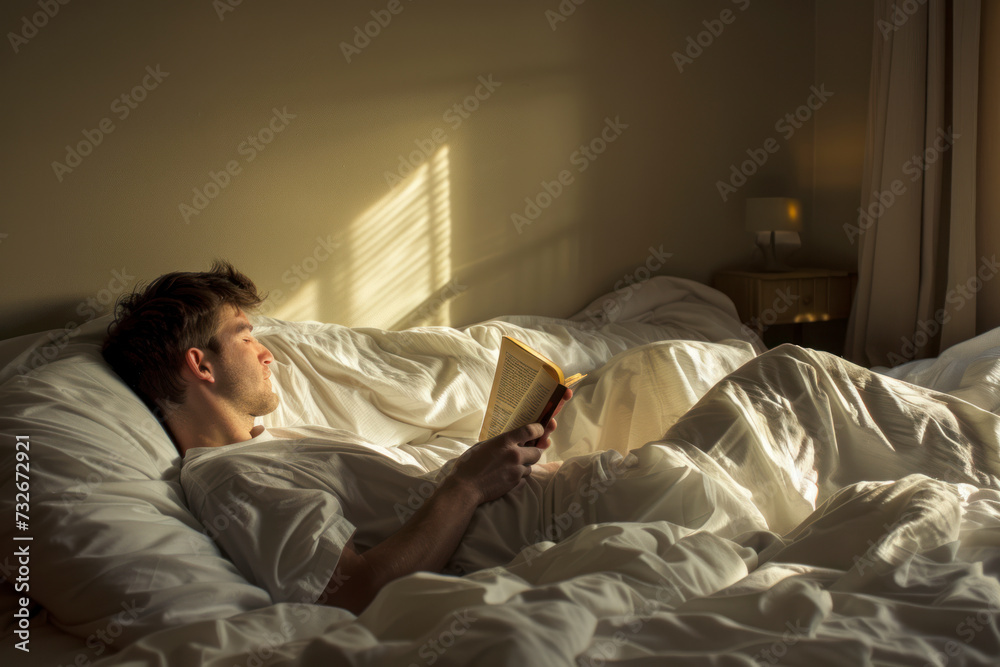 Portrait Of A Man Lying On Bed Reading Book.