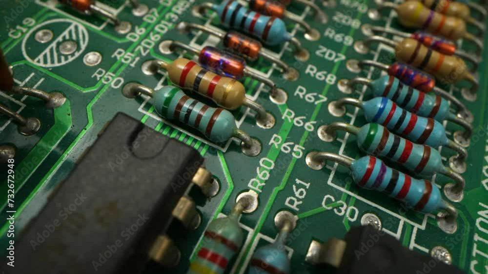 Macro Shot of Automatic Pick and Place machine quickly installs Components on Circuit Board. While board moving through Assembly Line. Electronics and Circuit board Manufacturing Factory. Macro Shot of Automatic Pick and Place machine quickly installs Components on Circuit Board. While board moving through Assembly Line. Electronics and Circuit board Manufacturing Factory.