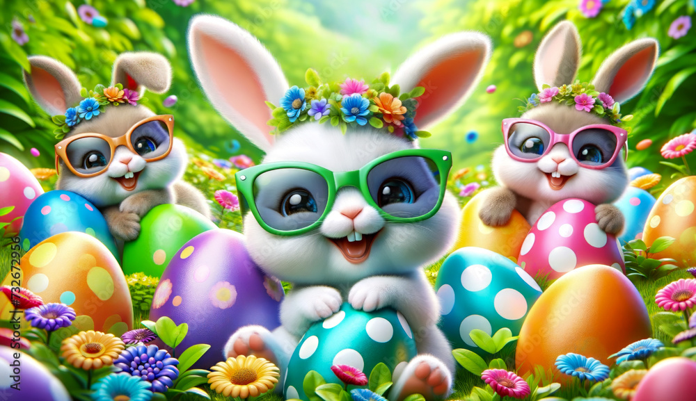 Fototapeta premium Colorful Easter Bunnies Wearing Sunglasses with Decorated Easter Eggs and Flowers