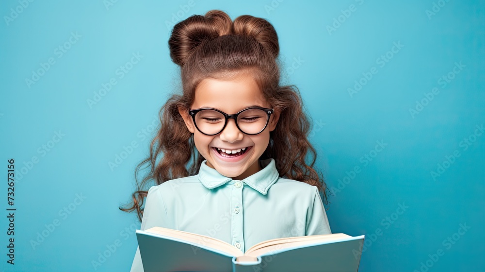 Reading book. little girl smiling with book on a blue background, school, back to school, education Reading book. little girl smiling with book on a blue background, school, back to school, education